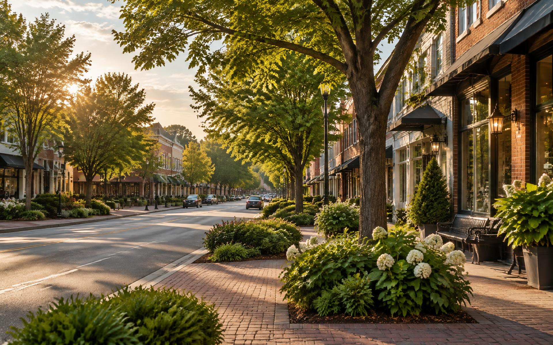Illustrative tree-lined North Carolina town streetscape at golden hour